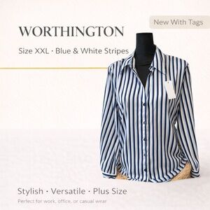 Worthington Blue & White Striped Button Down Blouse XXL NWT